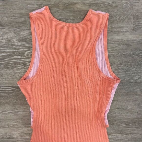 Medium Peach Pink Ribbed Knit Open Belly Dress Slim Fit Midi Summer Dress - Picture 5 of 9